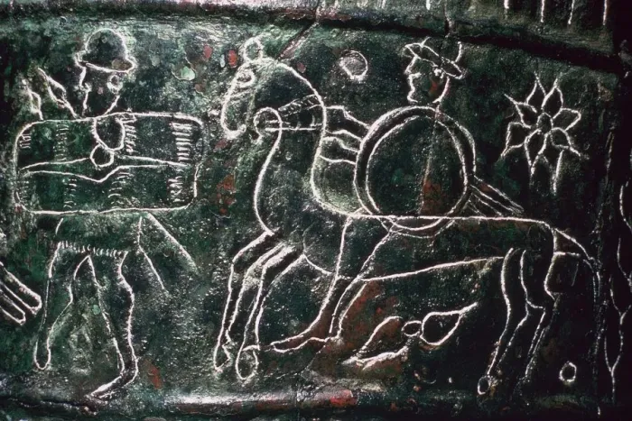 Framed Print : Detail of a bronze situala with Etruscan soldiers, 5th century BC Framed Print : Detail of a bronze situala with Etruscan soldiers, 5th century BC