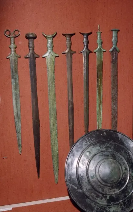 Framed Print : Bronze Swords and Shield from Bavaria. South Germany, 12th-8th century BC Framed Print : Bronze Swords and Shield from Bavaria. South Germany, 12th-8th century BC