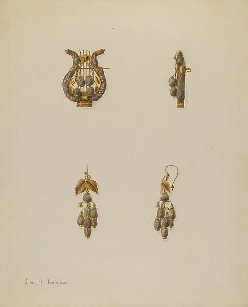 Brooch and Earrings, c. 1938. Creator: John H. Tercuzzi