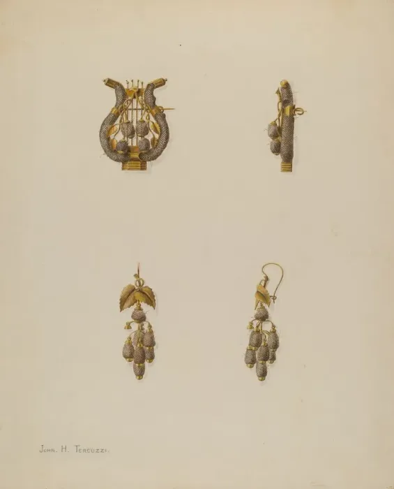 Framed Print : Brooch and Earrings, c. 1938. Creator: John H. Tercuzzi Framed Print : Brooch and Earrings, c. 1938. Creator: John H. Tercuzzi