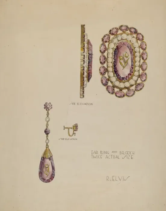 Framed Print : Brooch and Earrings, c. 1941. Creator: Roberta Elvis Framed Print : Brooch and Earrings, c. 1941. Creator: Roberta Elvis