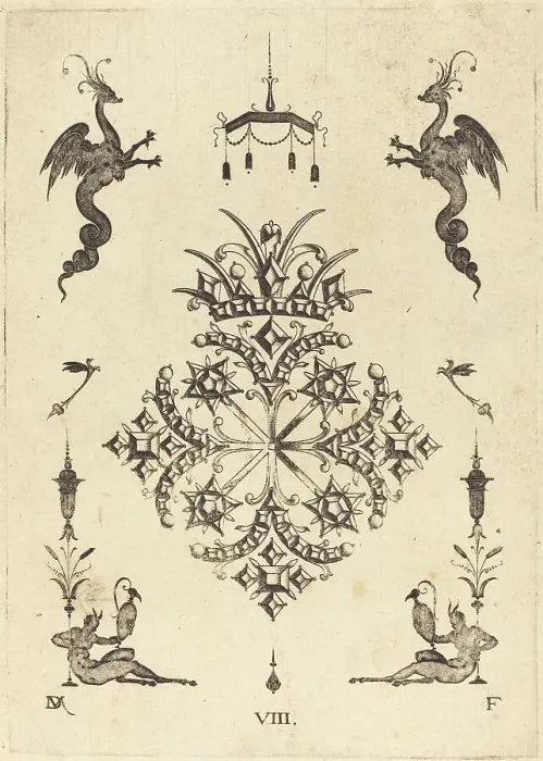 Framed Print : Brooch with Fantasy Animals at Top and Fauns with Vases at Bottom, 1596. Creator: Daniel Mignot Framed Print : Brooch with Fantasy Animals at Top and Fauns with Vases at Bottom, 1596. Creator: Daniel Mignot