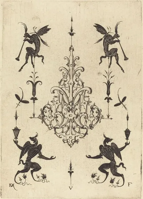 Framed Print : Brooch with Fantasy Creatures Blowing Horns at Top and Winged Griffins at Bottom, 1596. Creator: Daniel Mignot