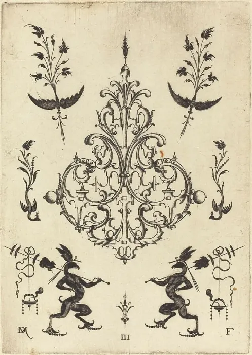 Framed Print : Brooch with Sprigs at Top and Griffins with Trophies at Bottom, 1596. Creator: Daniel Mignot Framed Print : Brooch with Sprigs at Top and Griffins with Trophies at Bottom, 1596. Creator: Daniel Mignot