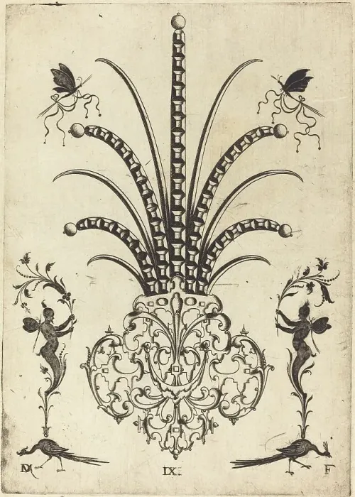 Framed Print : Brooch with Table-Stones, Butterflies at Top, and Peacocks and Hermes at Bottom, 1596. Creator: Daniel Mignot Framed Print : Brooch with Table-Stones, Butterflies at Top, and Peacocks and Hermes at Bottom, 1596. Creator: Daniel Mignot