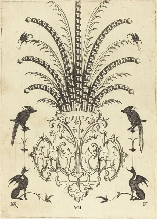 Framed Print : Brooch with Table-Stones, Flying Scorpions at Top, and Dogs at Bottom, 1596. Creator: Daniel Mignot Framed Print : Brooch with Table-Stones, Flying Scorpions at Top, and Dogs at Bottom, 1596. Creator: Daniel Mignot