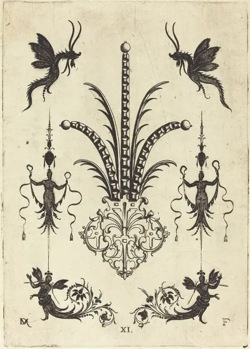 Framed Print : Brooch with Table-Stones, Winged Animals at Top, and Winged Human Beings at Bottom, 1596. Creator: Daniel Mignot