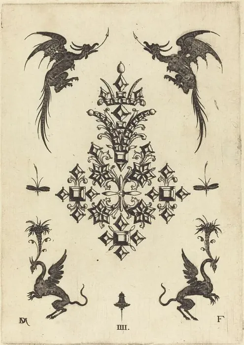 Framed Print : Brooch with Table-Stones, Winged Dragons at Top, and Griffins at Bottom, 1596. Creator: Daniel Mignot Framed Print : Brooch with Table-Stones, Winged Dragons at Top, and Griffins at Bottom, 1596. Creator: Daniel Mignot