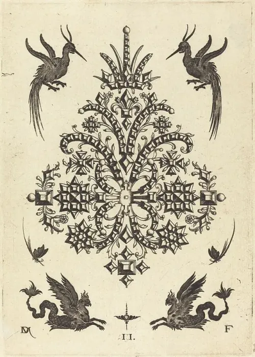 Framed Print : Brooch with Tablestones and Winged Griffins Above and at Bottom, 1596. Creator: Daniel Mignot Framed Print : Brooch with Tablestones and Winged Griffins Above and at Bottom, 1596. Creator: Daniel Mignot