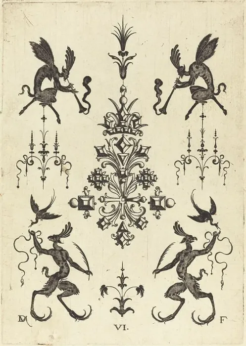 Framed Print : Brooch with Winged Fauns Blowing Trumpets at Top and Fantasy Creatures with Birds... 1596. Creator: Daniel Mignot Framed Print : Brooch with Winged Fauns Blowing Trumpets at Top and Fantasy Creatures with Birds... 1596. Creator: Daniel Mignot