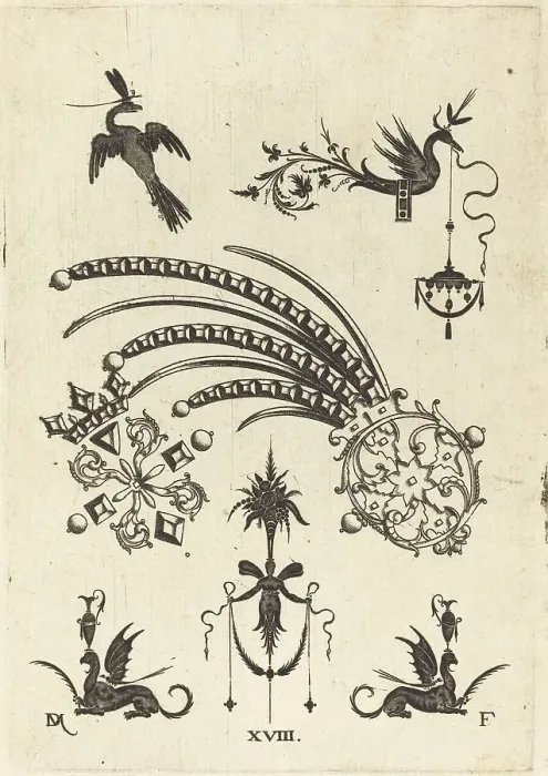 Framed Print : Two Brooches with Bird and Winged Snake at Top and Griffins with Vases at Bottom, 1596. Creator: Daniel Mignot Framed Print : Two Brooches with Bird and Winged Snake at Top and Griffins with Vases at Bottom, 1596. Creator: Daniel Mignot