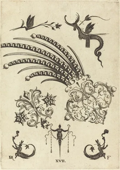 Framed Print : Two Brooches with Dragon and Insects at Top and Human Beings with Snake-like Tails... 1596. Creator: Daniel Mignot Framed Print : Two Brooches with Dragon and Insects at Top and Human Beings with Snake-like Tails... 1596. Creator: Daniel Mignot
