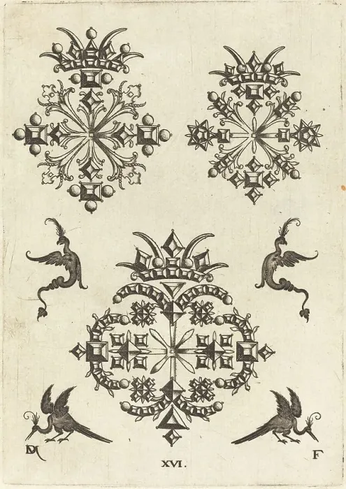 Framed Print : Three Brooches with Fantasy Birds at Left, Right, and Bottom, 1596. Creator: Daniel Mignot Framed Print : Three Brooches with Fantasy Birds at Left, Right, and Bottom, 1596. Creator: Daniel Mignot