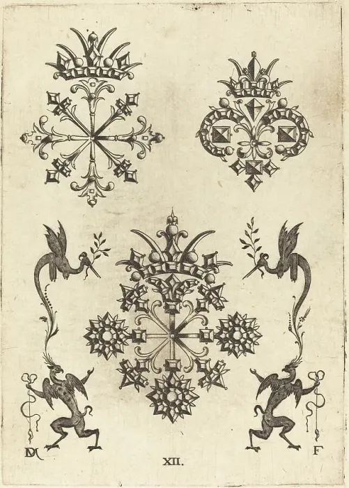 Framed Print : Three Brooches with Winged Snakes at Left and Right and Winged Griffins at Bottom, 1596. Creator: Daniel Mignot Framed Print : Three Brooches with Winged Snakes at Left and Right and Winged Griffins at Bottom, 1596. Creator: Daniel Mignot