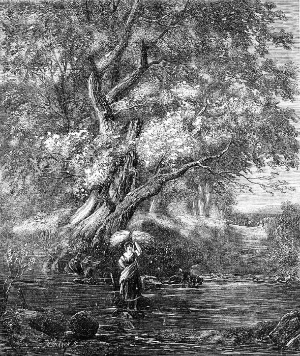 Framed Print : Over the Brook - painted by G. Chester, from the Exhibition of the Society of British Artists, 1857 Creator: M. Jackson. Over the Brook - painted by G. Chester, from the Exhibition of the Society of British Artists, 1857 Creator: M