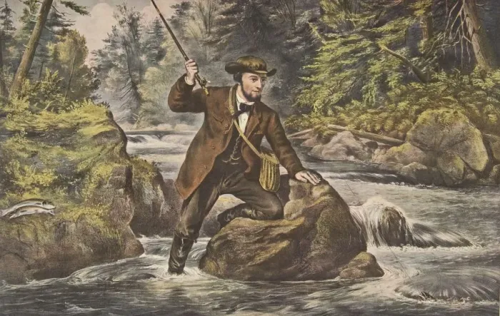 Framed Print : Brook Trout Fishing, pub. 1862, Currier & Ives (Colour Lithograph) Framed Print : Brook Trout Fishing, pub. 1862, Currier & Ives (Colour Lithograph)