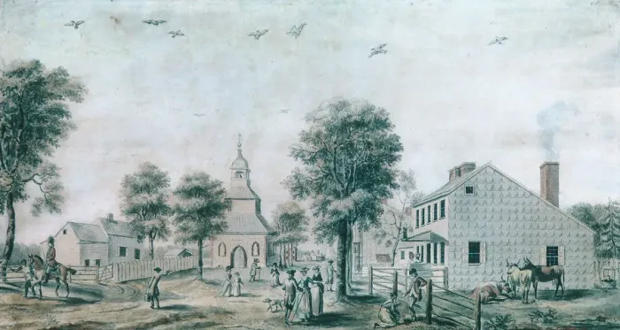 Framed Print : Brooklyn, Long Island (View of the Village Green), ca. 1778. Creator: Unknown Framed Print : Brooklyn, Long Island (View of the Village Green), ca. 1778. Creator: Unknown