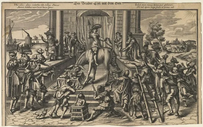 Framed Print : Brother Donkey with Money, Early 17th cen Artist: German master Framed Print : Brother Donkey with Money, Early 17th cen Artist: German master