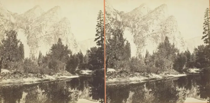 Framed Print : Three Brothers, 4480 ft. Yosemite, 1861 / 76. Creator: Carleton Emmons Watkins Framed Print : Three Brothers, 4480 ft. Yosemite, 1861 / 76. Creator: Carleton Emmons Watkins