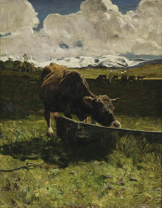 Framed Print : Brown cow at the Watering Place, 1887. Creator: Segantini, Giovanni (1858-1899) Framed Print : Brown cow at the Watering Place, 1887. Creator: Segantini, Giovanni (1858-1899)
