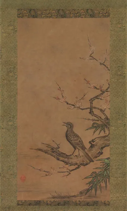 Framed Print : Brown-Eared Bulbul (Hiyodori) on a Branch of Plum, mid- to late 16th century. Creator: Kano Shoei Framed Print : Brown-Eared Bulbul (Hiyodori) on a Branch of Plum, mid- to late 16th century. Creator: Kano Shoei