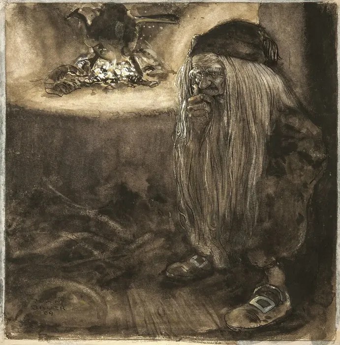 Framed Print : Brownie by a Fireplace, 1909. Creator: Bauer, John (1882-1918) Framed Print : Brownie by a Fireplace, 1909. Creator: Bauer, John (1882-1918)