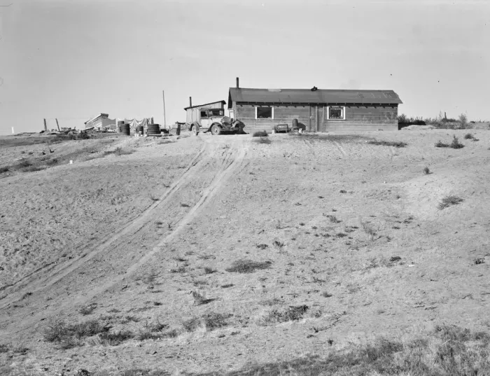 Framed Print : The Browning home, a partial dugout, Dead Ox Flat, Malheur County, Oregon, 1939. Creator: Dorothea Lange Framed Print : The Browning home, a partial dugout, Dead Ox Flat, Malheur County, Oregon, 1939. Creator: Dorothea Lange