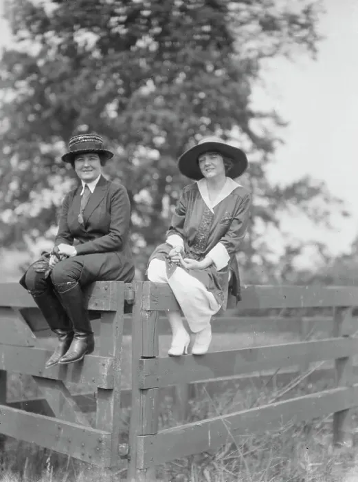 Framed Print : Bruce, Mrs. and Miss Hedman, seated outdoors on a fence, 1919 May 30. Creator: Arnold Genthe Framed Print : Bruce, Mrs. and Miss Hedman, seated outdoors on a fence, 1919 May 30. Creator: Arnold Genthe