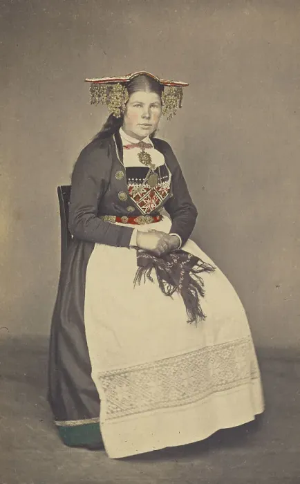 Framed Print : Brud fra Vos. woman in traditional Norwegian costume, July 1, 1870. Creator: Knud Knudsen Framed Print : Brud fra Vos. woman in traditional Norwegian costume, July 1, 1870. Creator: Knud Knudsen