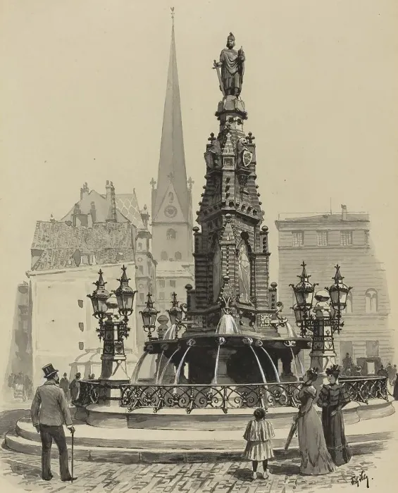 Framed Print : Brunnen am Fischmarkt, 1893. Creator: Fritz Stoltenberg Framed Print : Brunnen am Fischmarkt, 1893. Creator: Fritz Stoltenberg