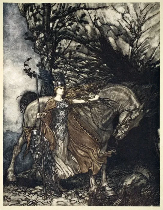 Framed Print : Brunnhilde with her horse at the mouth of the cave, 1910. Artist: Arthur Rackham Framed Print : Brunnhilde with her horse at the mouth of the cave, 1910. Artist: Arthur Rackham