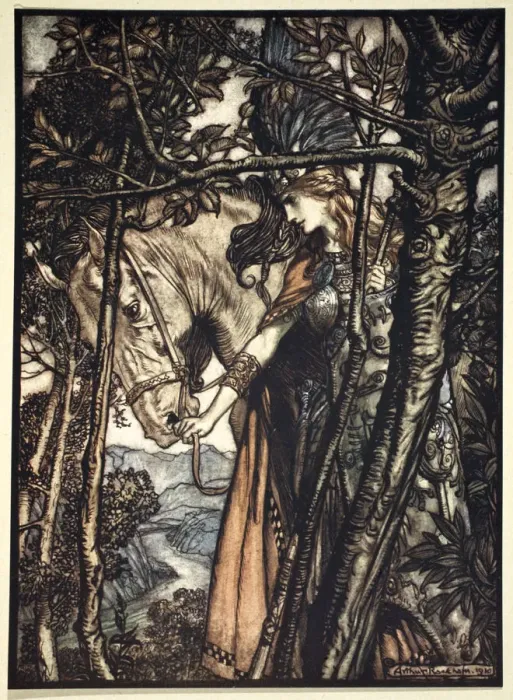 Framed Print : Brunnhilde slowly and silently leads her horse down the path to the cave, 1910 Framed Print : Brunnhilde slowly and silently leads her horse down the path to the cave, 1910