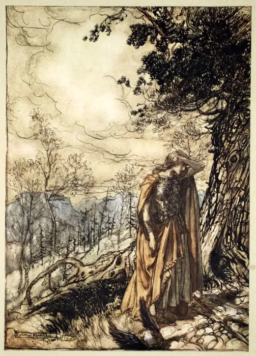 Framed Print : Brunnhilde stands for a long time, dazed and alarmed, 1910. Artist: Arthur Rackham Framed Print : Brunnhilde stands for a long time, dazed and alarmed, 1910. Artist: Arthur Rackham