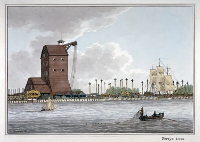 Framed Print : Brunswick Dock, Blackwall, London, 1801. Artist: Charles Tomkins