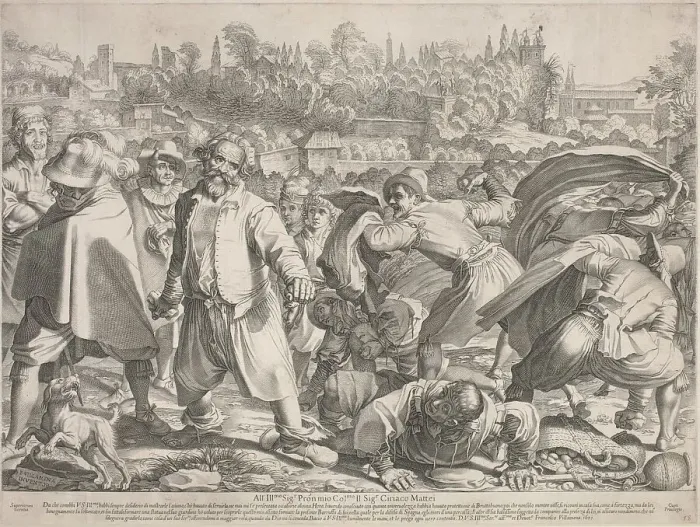 Framed Print : Brutto Buono Stoned by His Enemies. Creator: Francesco Villamena Framed Print : Brutto Buono Stoned by His Enemies. Creator: Francesco Villamena