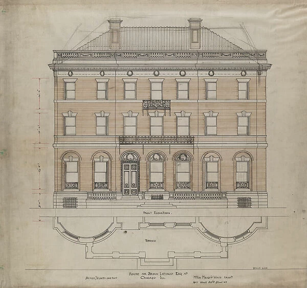 Bryan Lathrop House, Chicago, Illinois, Front Elevation and Terrace Plan, 1892