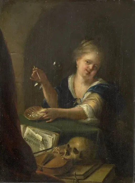 Framed Print : Bubble-blowing Girl with a Vanitas Still Life, 1680-1775. Creator: Unknown Framed Print : Bubble-blowing Girl with a Vanitas Still Life, 1680-1775. Creator: Unknown