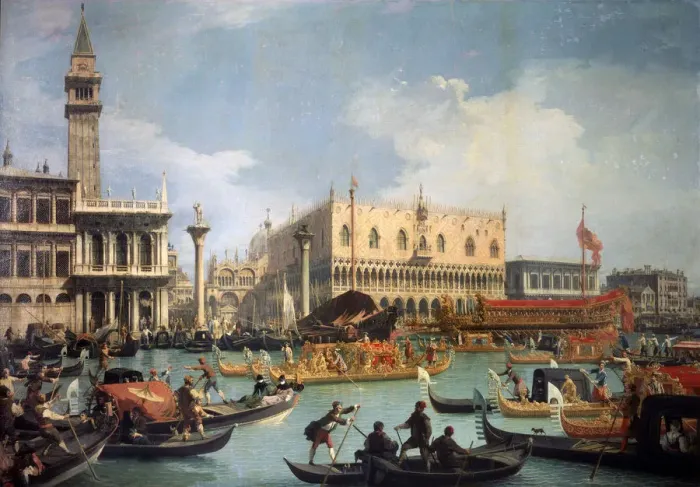 Framed Print : Buccentoros Return to the Pier at the Doges palace, 1730s. Artist: Canaletto Framed Print : Buccentoros Return to the Pier at the Doges palace, 1730s. Artist: Canaletto