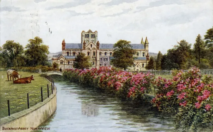 Framed Print : Buckfast Abbey, north view, Devon. Artist: J Salmon Framed Print : Buckfast Abbey, north view, Devon. Artist: J Salmon