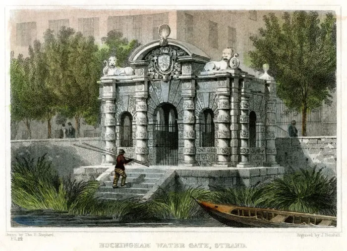 Framed Print : Buckingham Water Gate, Strand, Westminster, London, 1830. Artist: J Henshall Framed Print : Buckingham Water Gate, Strand, Westminster, London, 1830. Artist: J Henshall