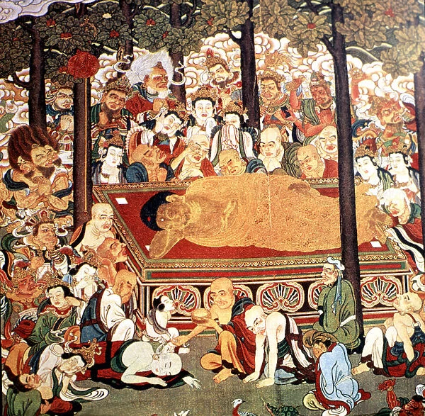 Buddha on his deathbed surrounded by his disciples and animals expressing their pain