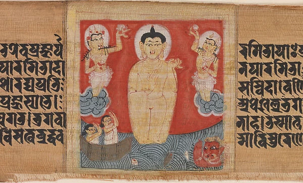 Buddha Giving Safety (Abhayananda) to Mariners, Leaf from... ca. 1090. Creator: Unknown