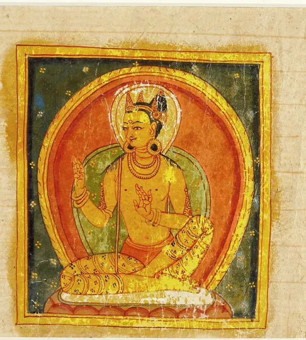 Framed Print : A Buddha (left); Crowned Deity (right); Folio from a Buddhist Manuscript, c13th century. Creator: Unknown Framed Print : A Buddha (left); Crowned Deity (right); Folio from a Buddhist Manuscript, c13th century. Creator: Unknown
