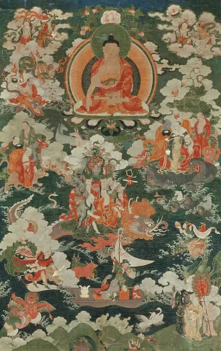 Framed Print : Buddha Shakyamuni and the Eighteen Arhats, 18th century. Creator: Anon Framed Print : Buddha Shakyamuni and the Eighteen Arhats, 18th century. Creator: Anon