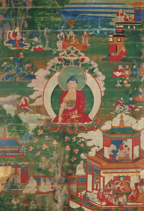 Framed Print : Buddha Shakyamuni and Narrative Scenes, 18th century. Creator: Anon Framed Print : Buddha Shakyamuni and Narrative Scenes, 18th century. Creator: Anon