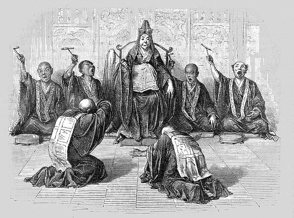 Buddhist high-priest worshipped by his subordinates; A European Sojourn in Japan, 1875. Creator: Unknown