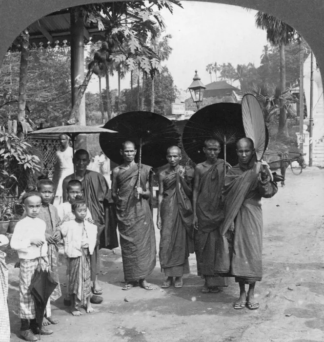 Framed Print : Buddhist monks with sunshades and fans, Rangoon, Burma, 1908. Artist: Stereo Travel Co Framed Print : Buddhist monks with sunshades and fans, Rangoon, Burma, 1908. Artist: Stereo Travel Co