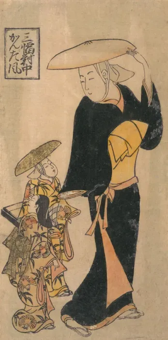Framed Print : Buddhist Nun Speaking to Two Little Girls who are Following Her, ca. 1730 Framed Print : Buddhist Nun Speaking to Two Little Girls who are Following Her, ca. 1730