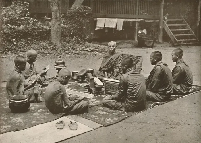 Framed Print : Buddhist Priest with Pupils, 1900. Creator: Unknown