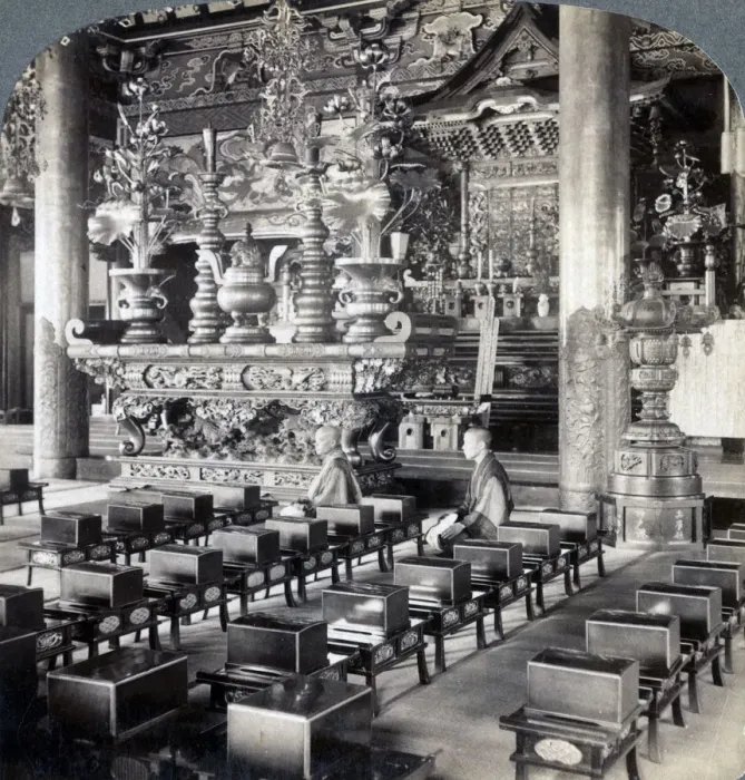 Framed Print : Buddhist priests in Ikegami Temple, Omori, Japan, 1904. Artist: Underwood & Underwood Framed Print : Buddhist priests in Ikegami Temple, Omori, Japan, 1904. Artist: Underwood & Underwood